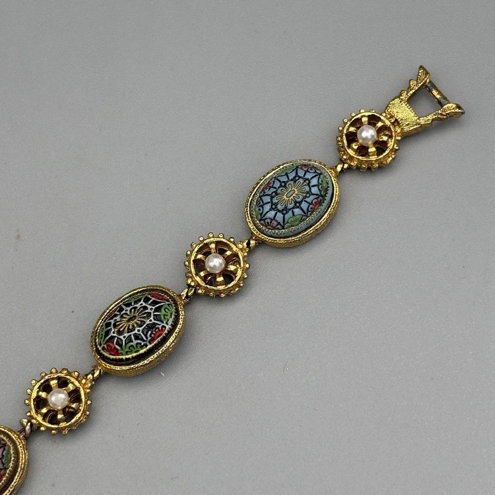 Vintage Renaissance LInk Bracelet Molded Glass Faux Pearl Moroccan